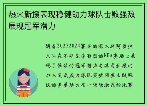 热火新援表现稳健助力球队击败强敌展现冠军潜力