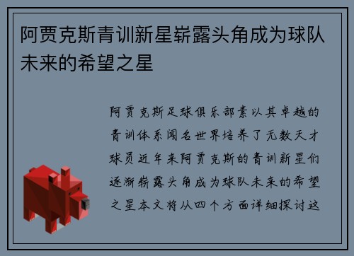 阿贾克斯青训新星崭露头角成为球队未来的希望之星